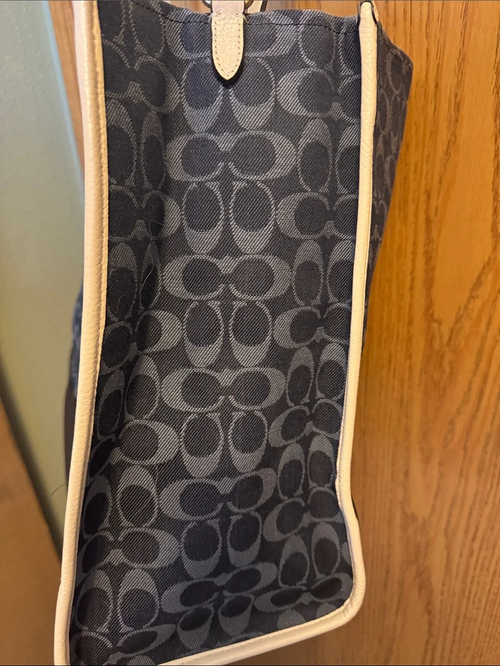 Coach Dempsey Navy Signature Denim Tote with Cream Leather Patch and Trim
